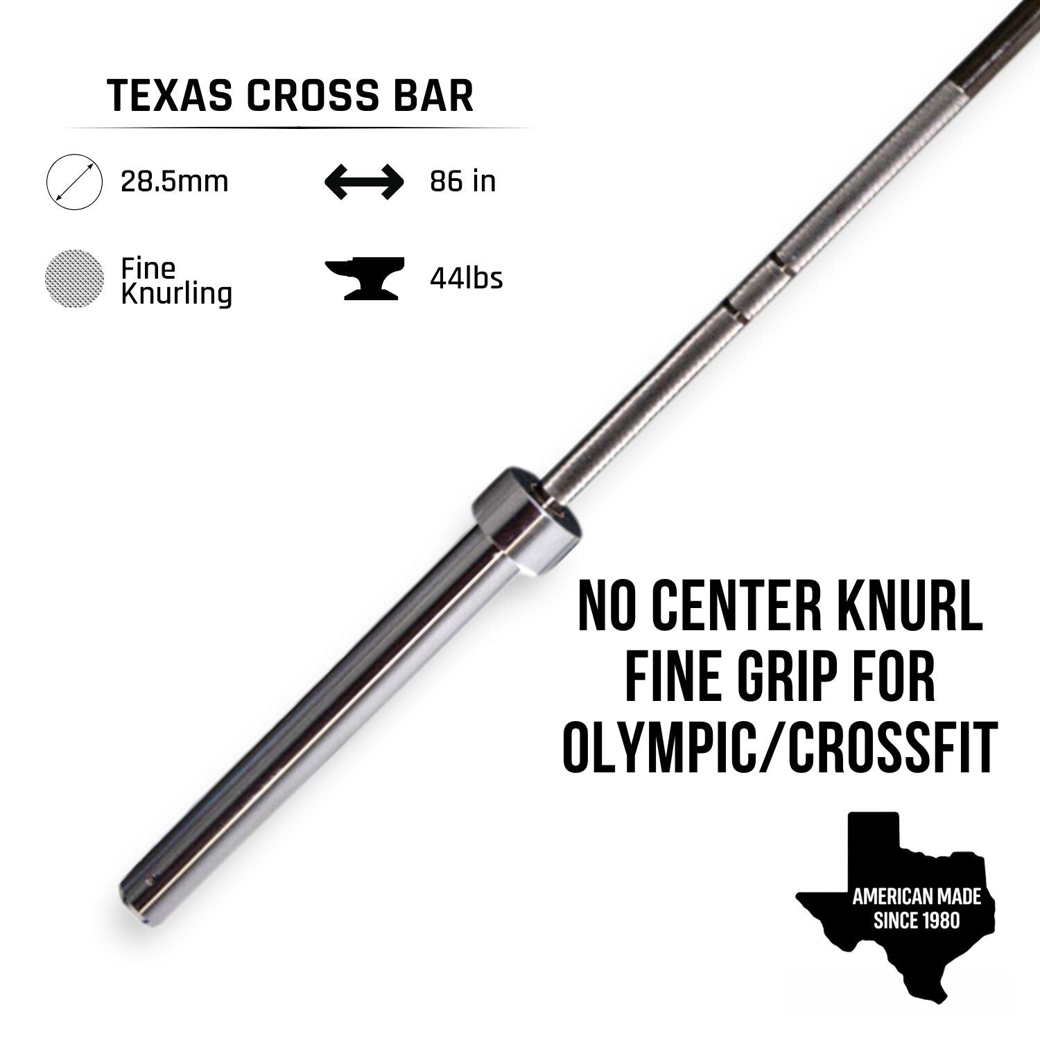 Texas Cross Bar (20kg) | Olympic & CrossFit | No Center Knurl